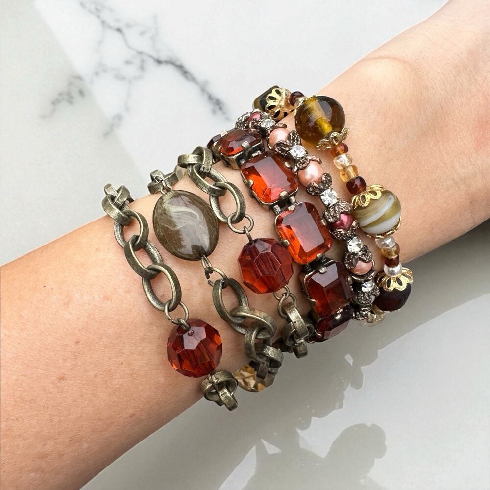 Chunky Chain Bracelet Stack Amber Glass Rhinestone Brass Tone J Crew Autumn Hue